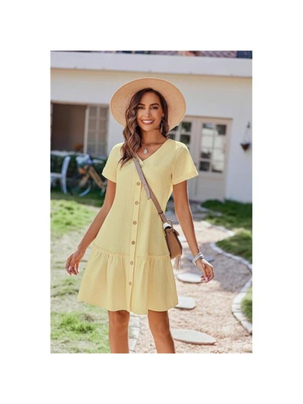 Women's Button Down Dress Loose Summer Cotton Linen Dress Ruffle Hem Tunic Dress - Picture 5 of 5